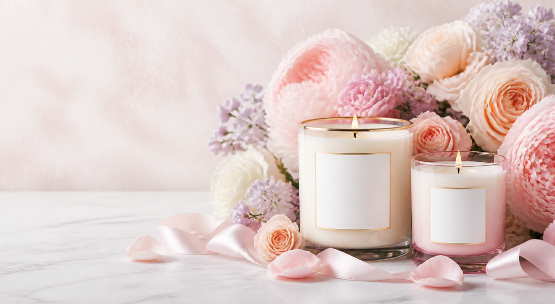 Two candles arranged among pale pink roses