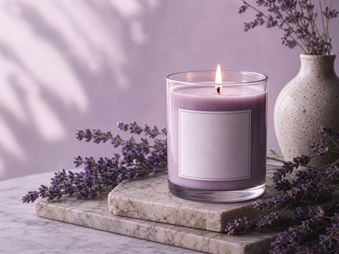 A lit candle in a smoked glass vessel against a soft lavender backdrop