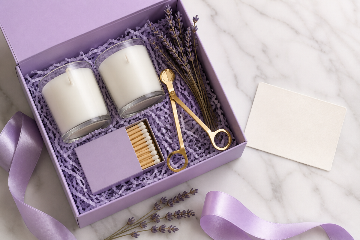 A lavender gift box being packed with two candles, brass wick trimmers and dried lavender