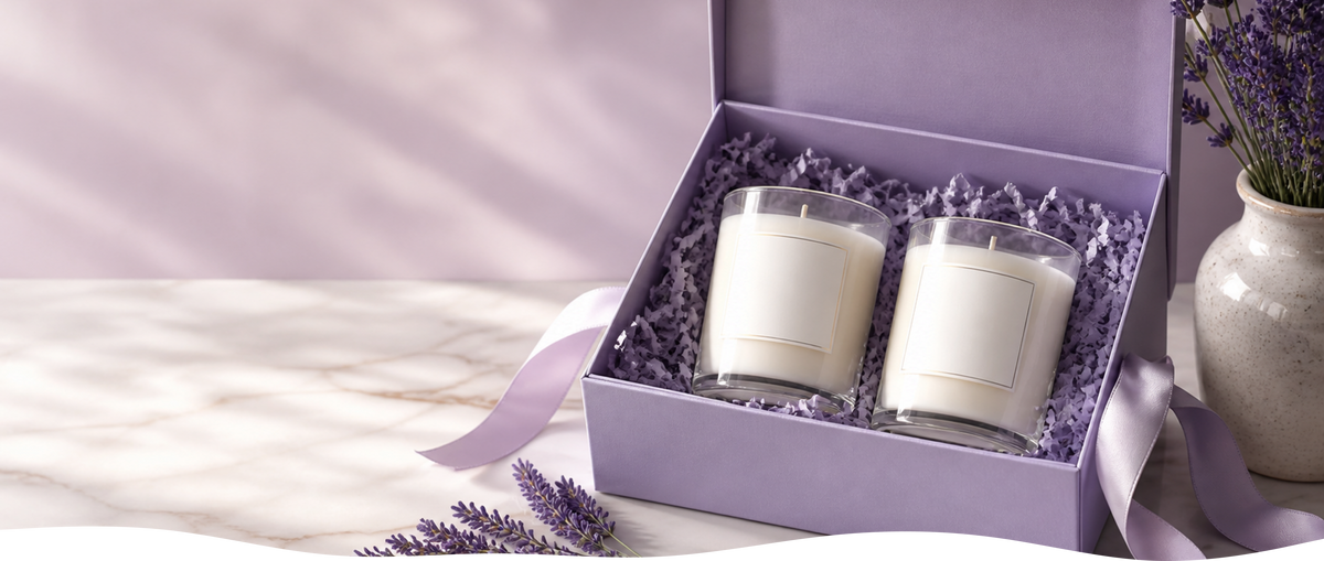 An open lavender gift box holding two cream pillar candles, beside dried lavender and a satin ribbon